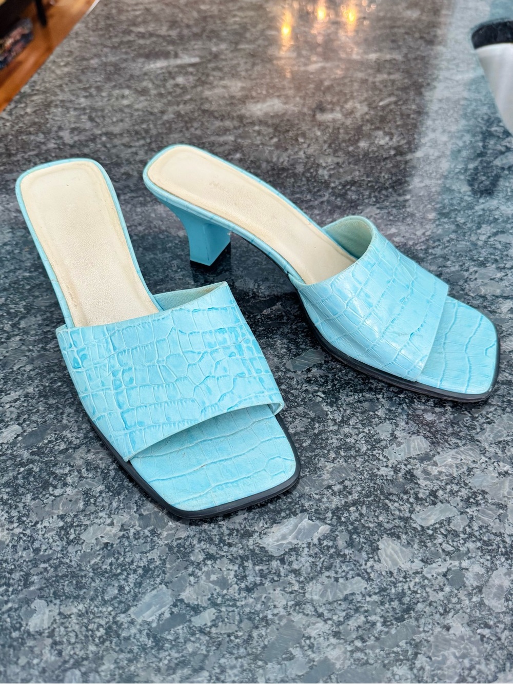 Women's Light Blue Croc-Embossed Mid Heel Mules